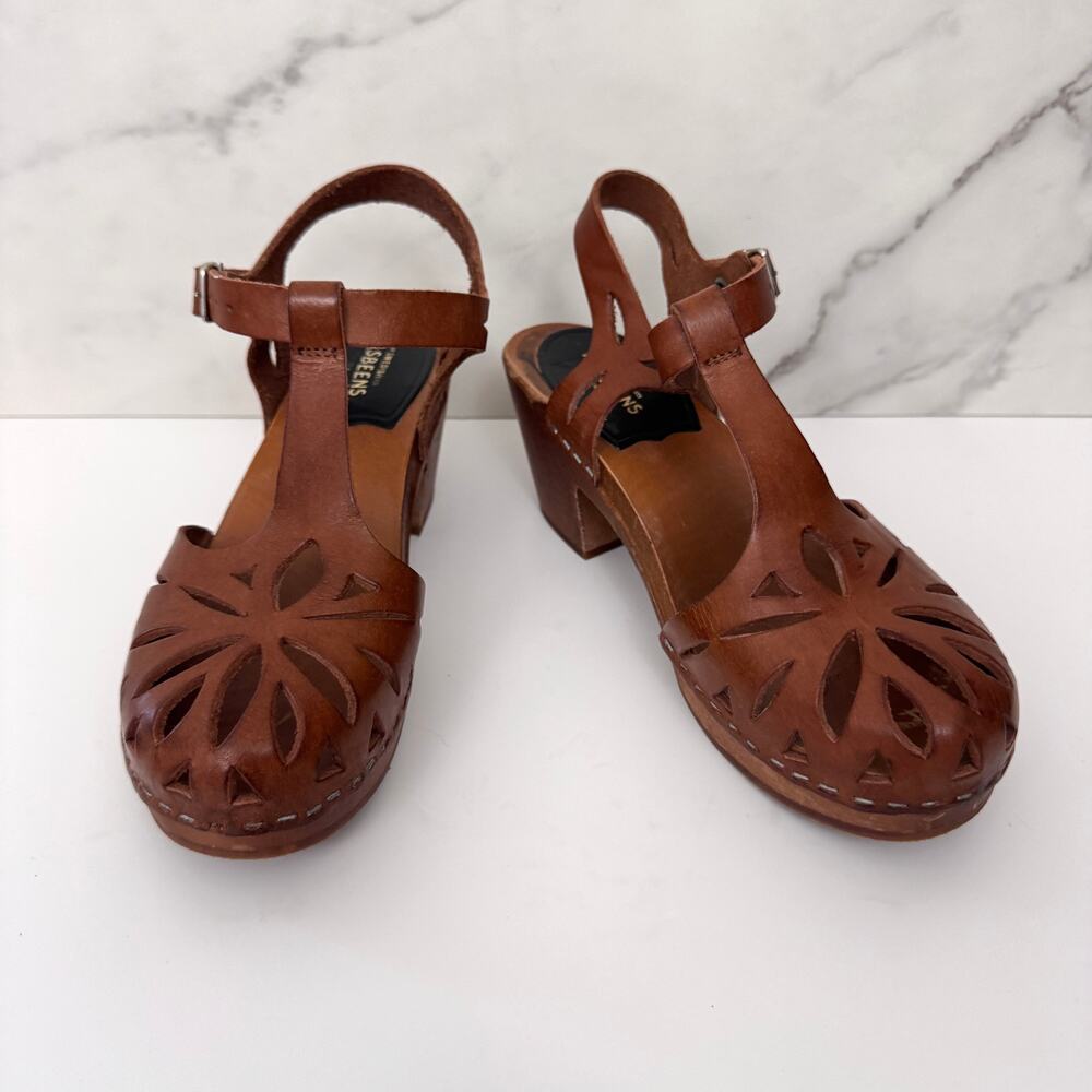 Swedish Hasbeens Brown Leather Cutout T-Strap Clog Sandals